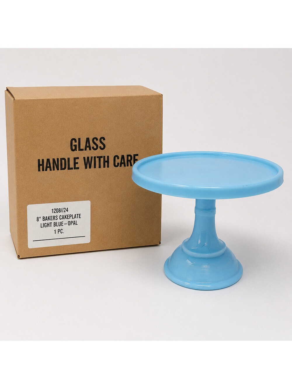 L.E. Smith 8" Light Blue Opal Glass Pedestal Cake Stand NOS w/ Original Box
